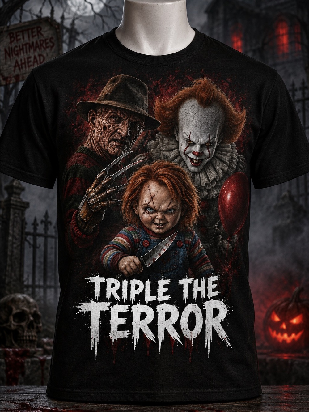 Gildan Black Horror Graphic Tee with Red and White Accents